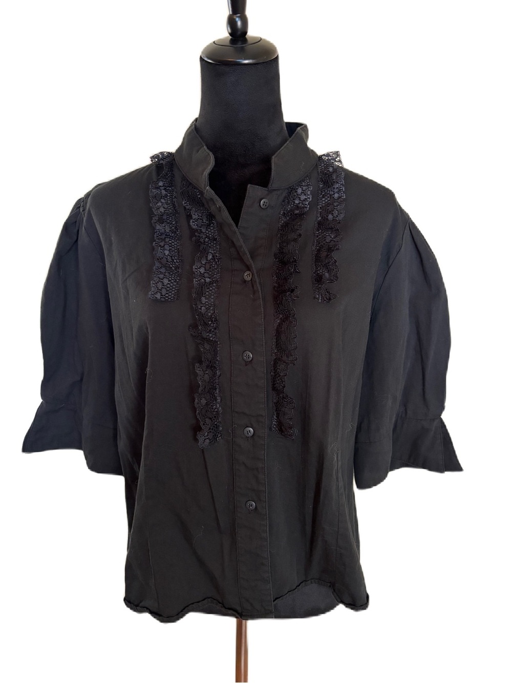 Women's Black Lace-Trim Button Front Blouse